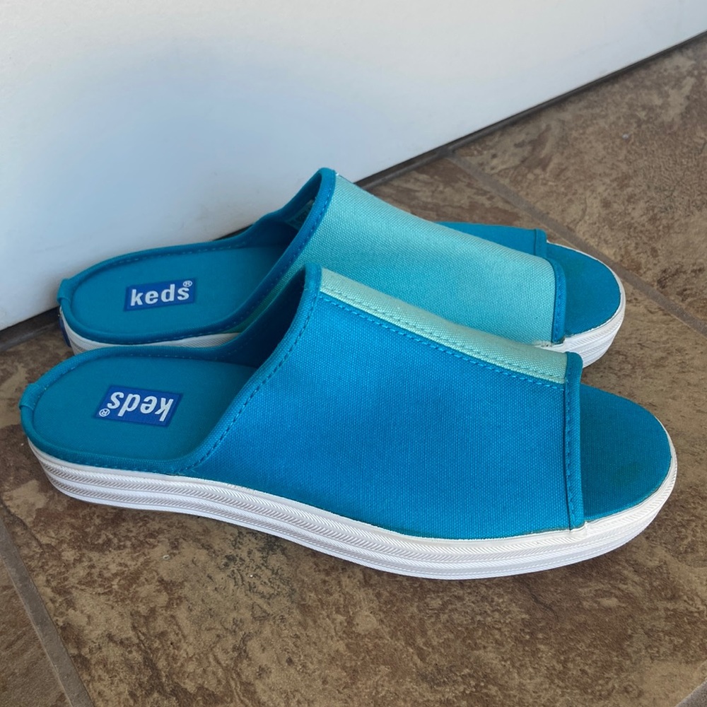 Vintage Keds Colorblock Peep Toe Slip On Sandals Retro Blue size 7